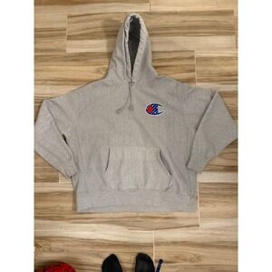 Champion Reverse Weave Hoodie Mens 2XL Gray Script Logo Patch Sweatshirt XXL